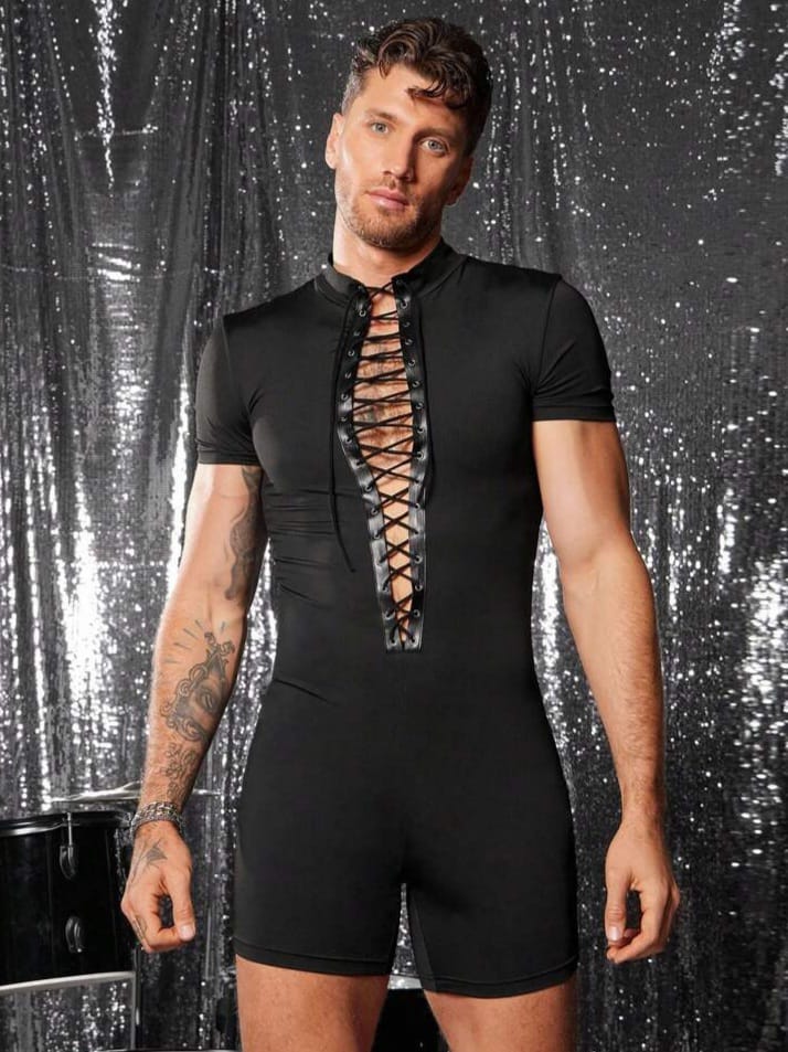 Crystal City Men's Sexy Long Lace V-Neck Lace-Up Romper